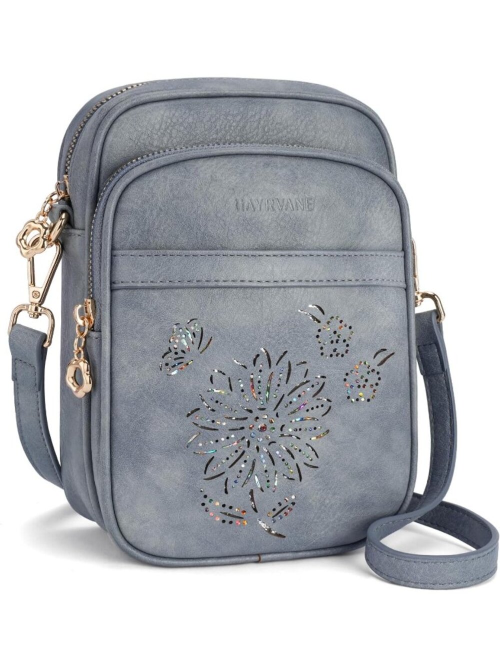 Women Blue RFID Phone Purse With Card Slots 3 Compartments Crossbody Bag